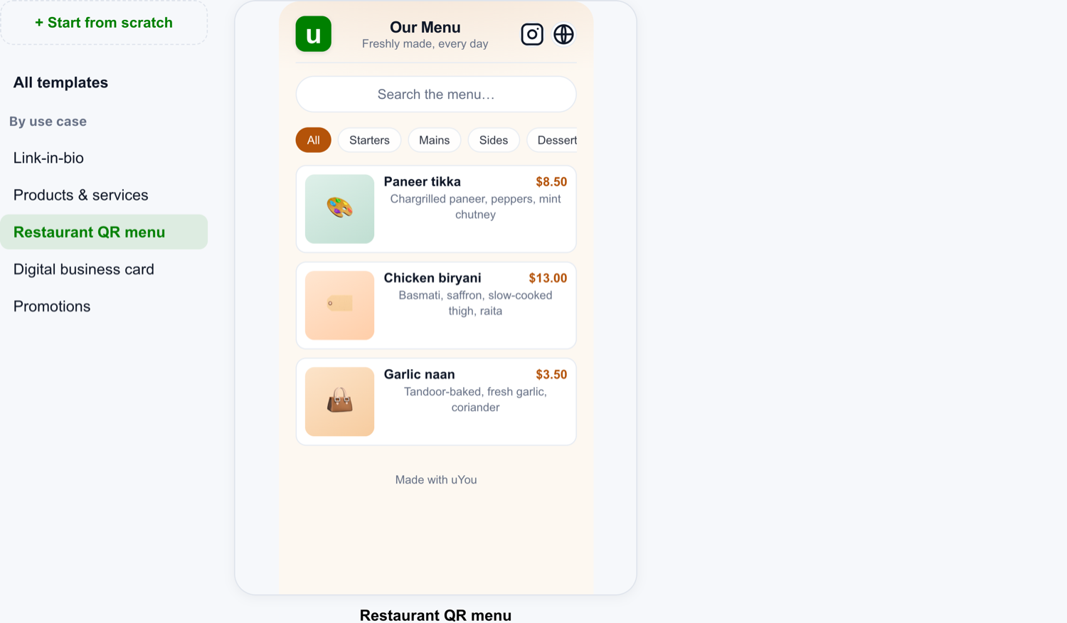 The template gallery with the Restaurant QR menu template selected