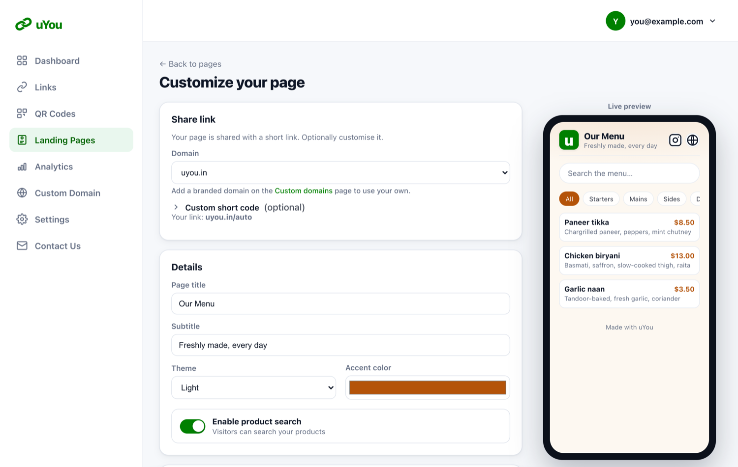 The menu editor, with the form on the left and a live phone preview on the right