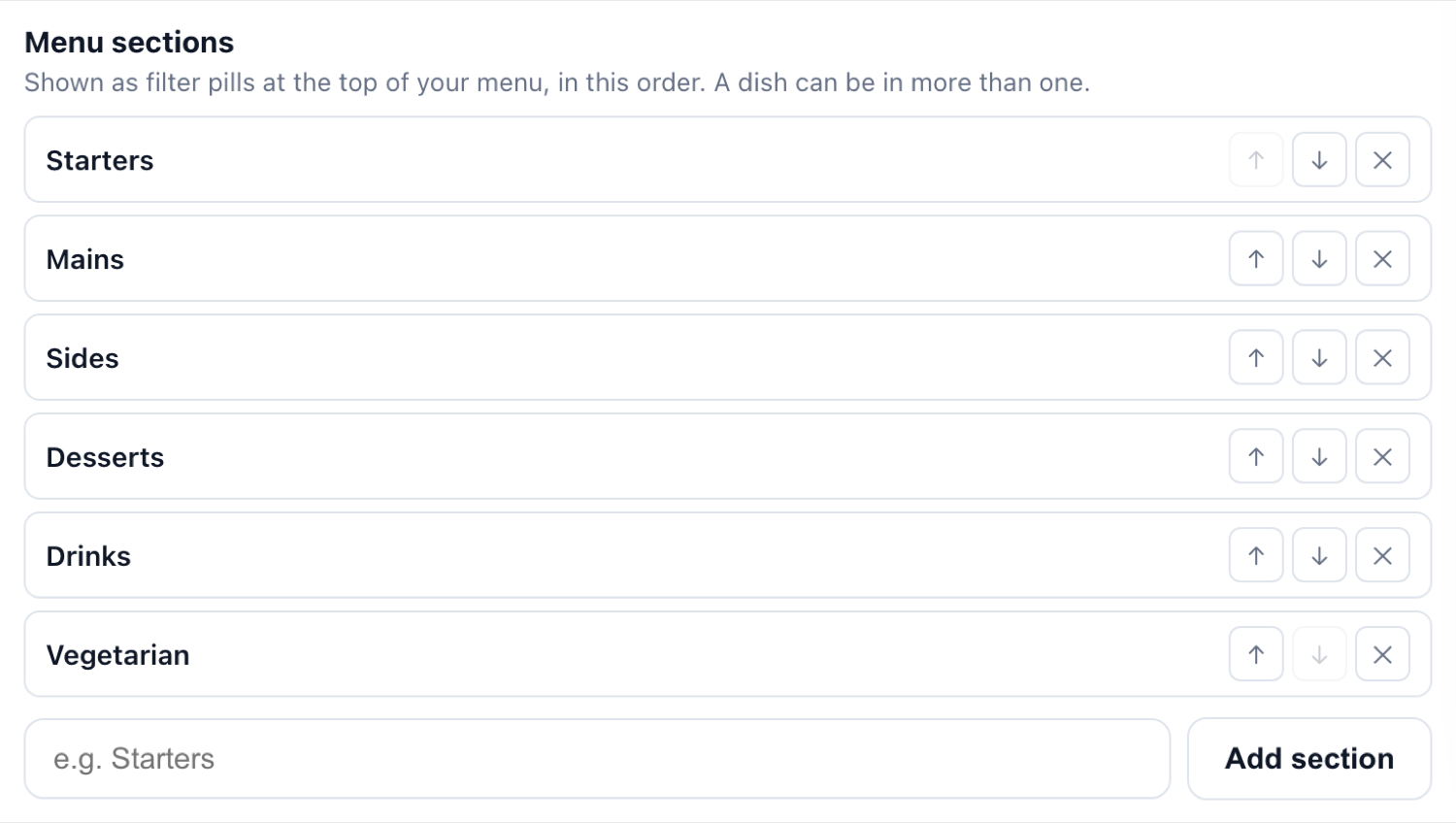 The Menu sections list, with a box to add a new section