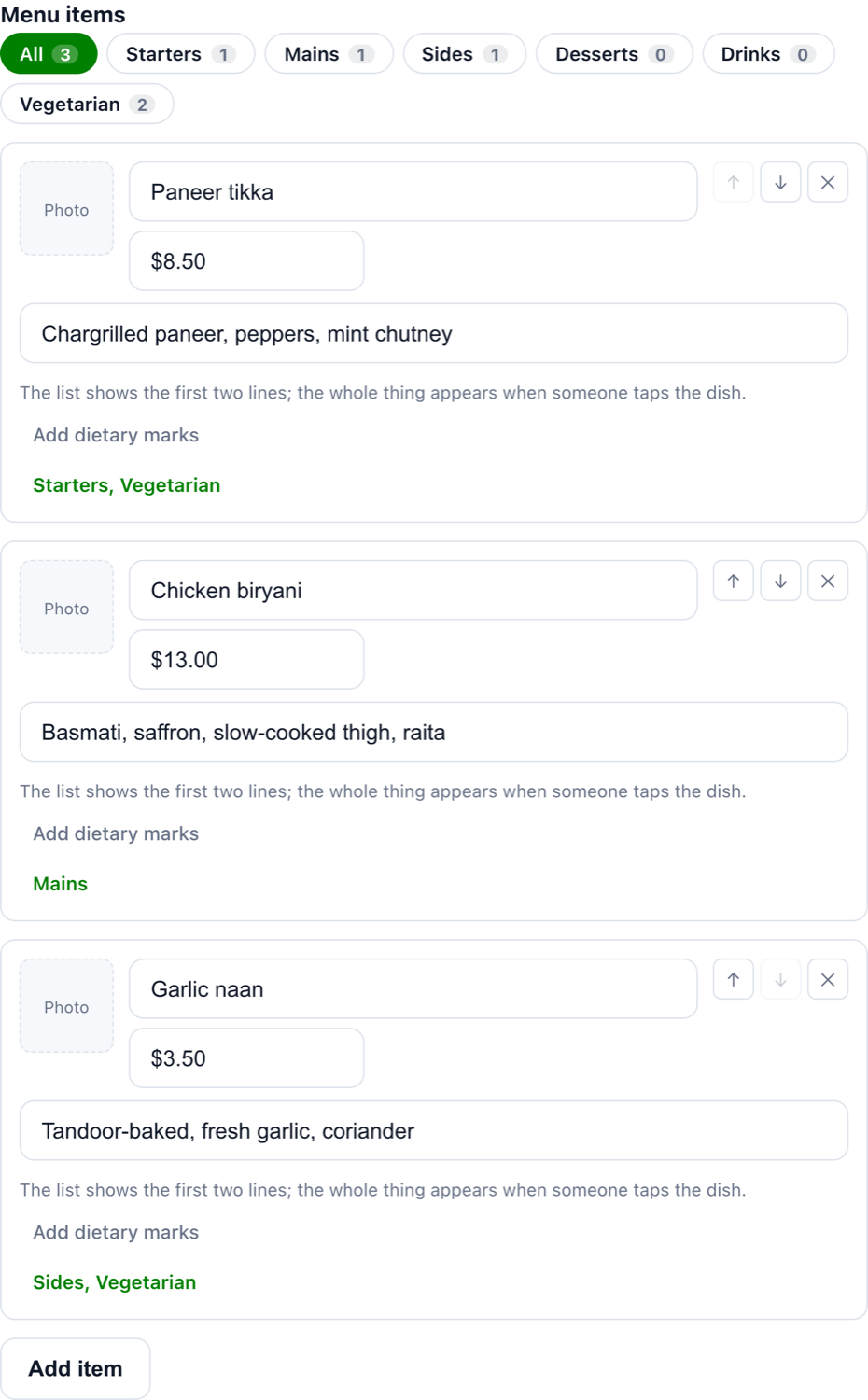 The section buttons above the list of dishes, with a count on each
