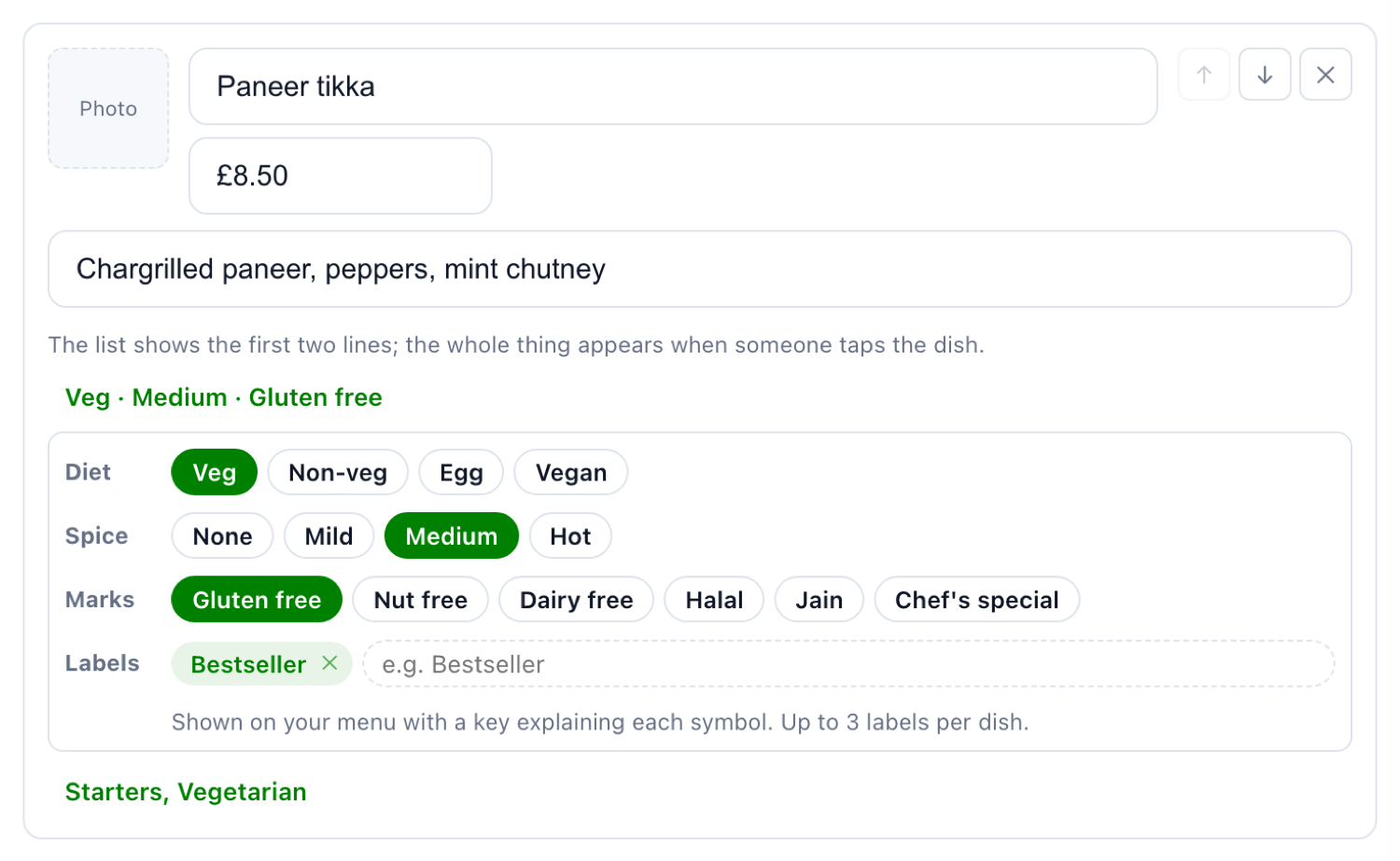 The dietary marks panel, with Veg, Medium spice, Gluten free and a Bestseller label selected