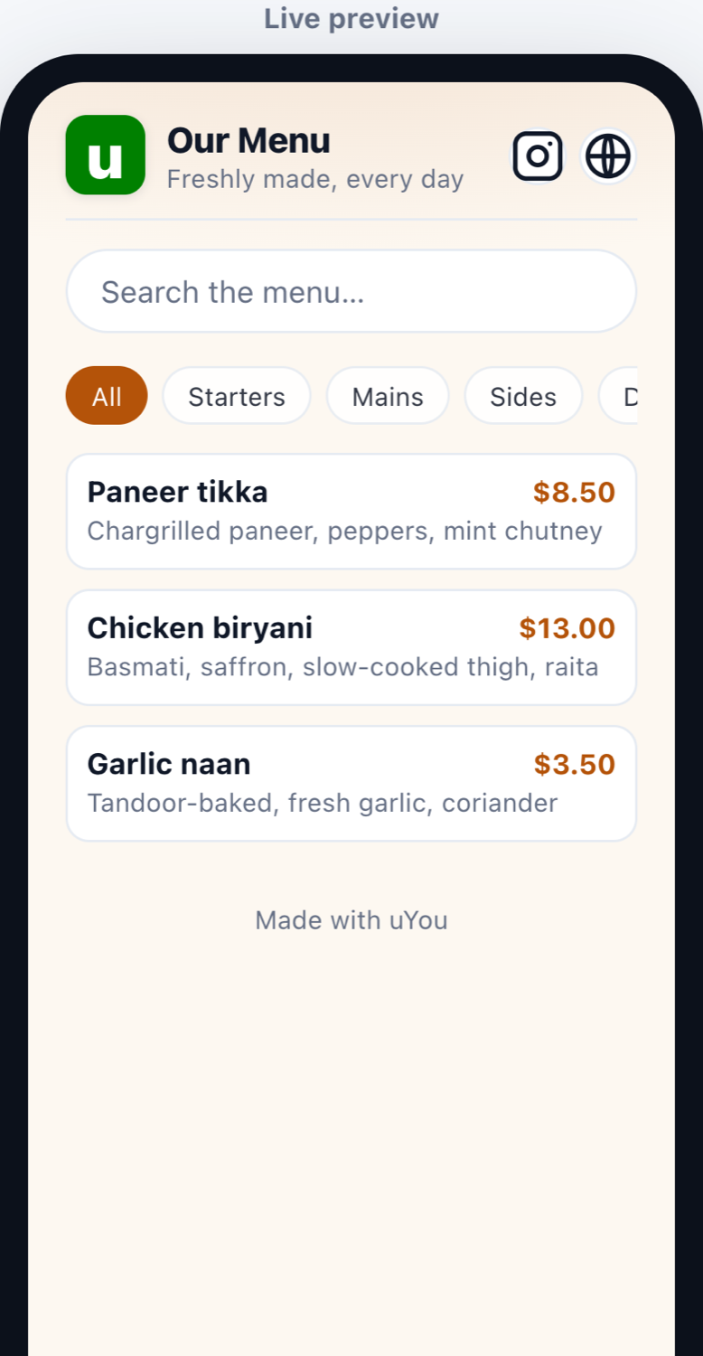 The live preview showing the finished menu on a phone