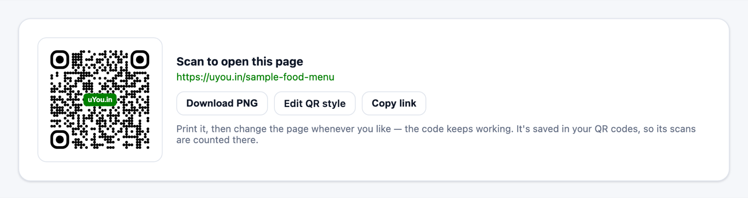 The saved page's QR code, its short link, and the Download PNG, Edit QR style and Copy link buttons