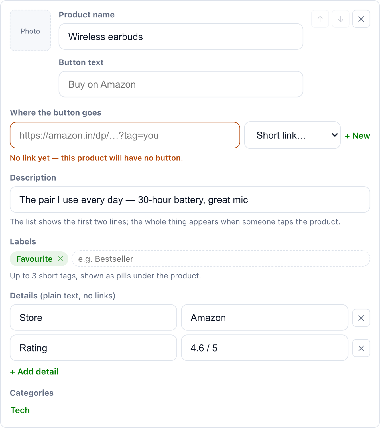 One product being edited: photo, name, button text, link, description, labels, details and categories