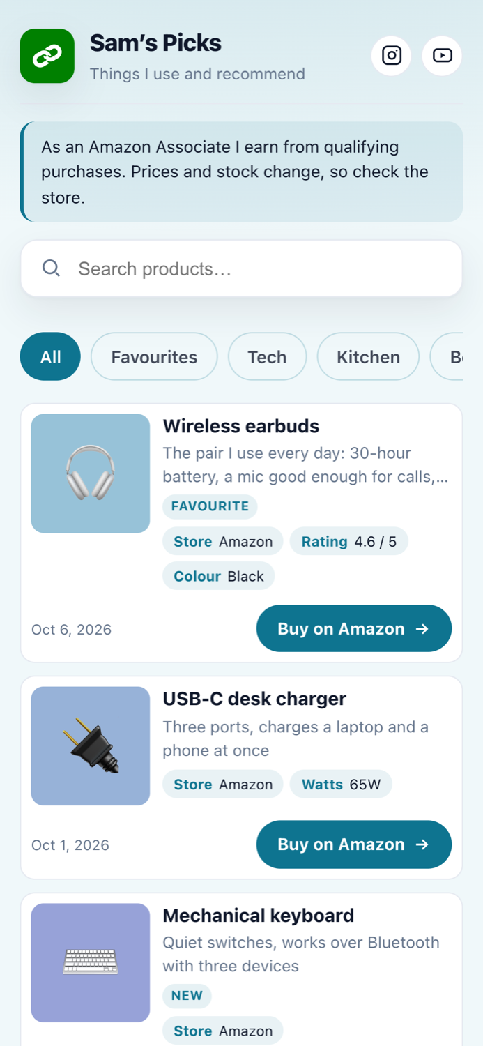 The published page on a phone: categories across the top, products listed with labels, details and a Buy on Amazon button