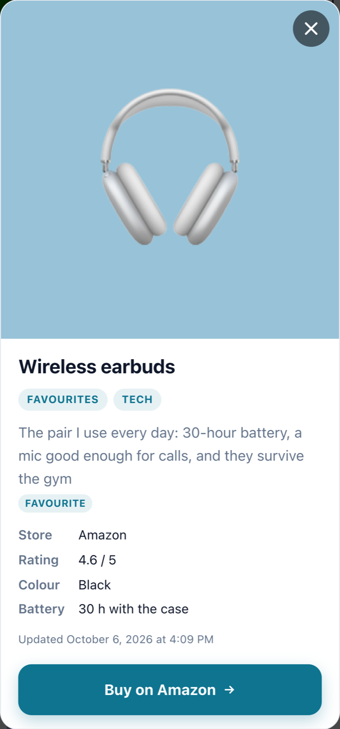 One product opened: the full photo, the description, the details and the button