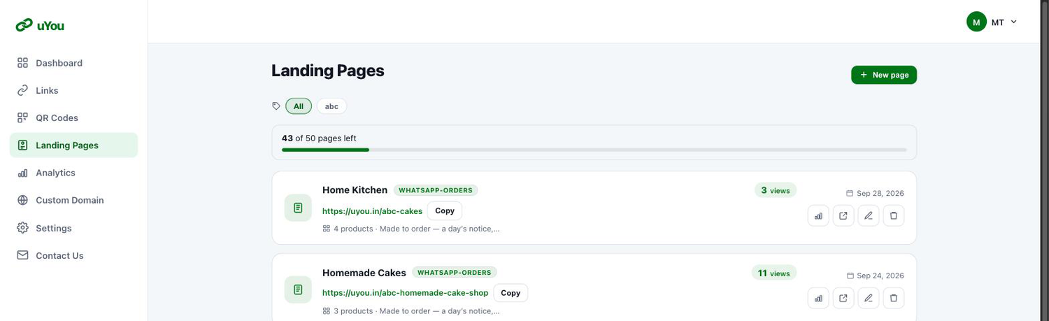 The Landing Pages list, with the New page button at the top right