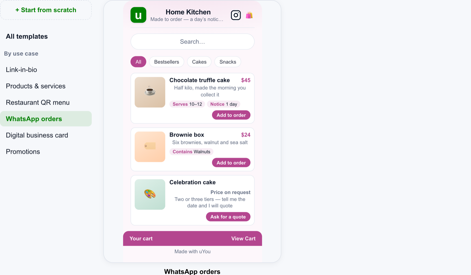 The template gallery filtered to the WhatsApp orders card