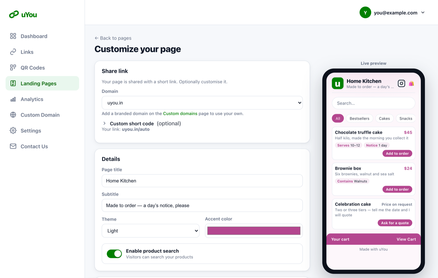 The editor: the form on the left, a live phone preview on the right showing the order page