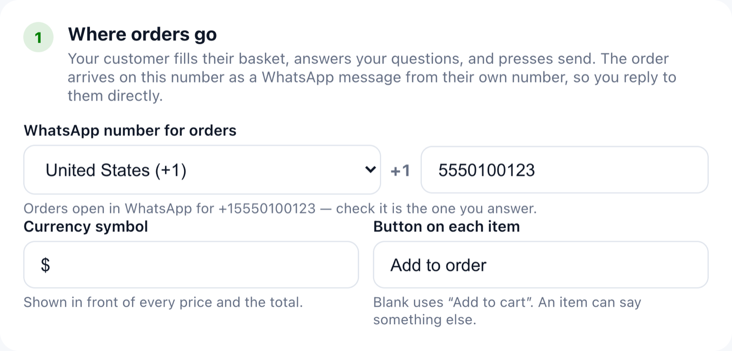 The Where orders go card: country, number, currency symbol and button label
