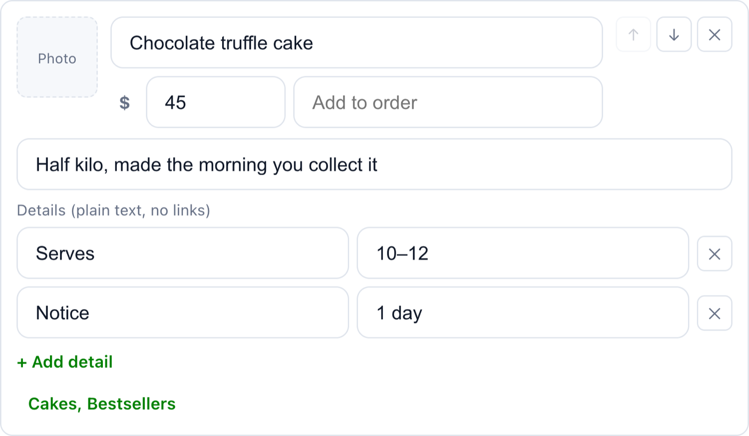 One item being edited: photo, name, price, description, details and categories
