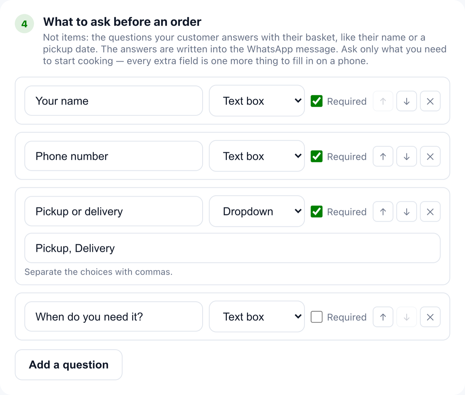 The What to ask before an order card with four questions