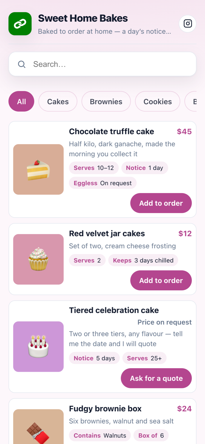 An order page on a phone: the shop name, a search box, category buttons and items with prices and an Add to order button