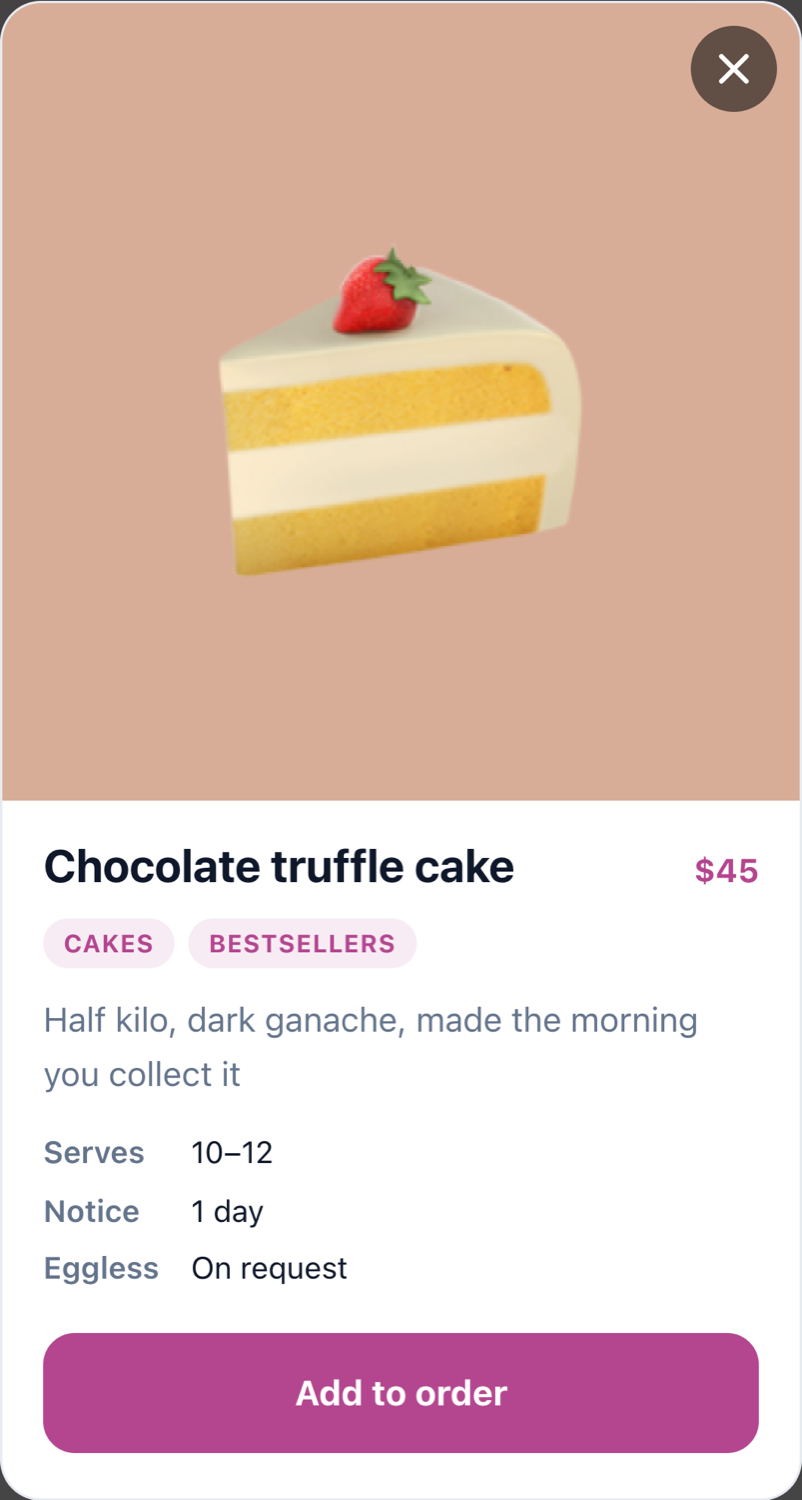 One item opened: a large photo, the name, the price, its categories, the description, a list of details and an Add to order button