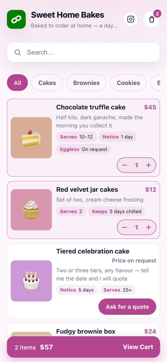 The page with two items chosen, each showing a counter, and a bar at the bottom reading 2 items, $57, View Cart