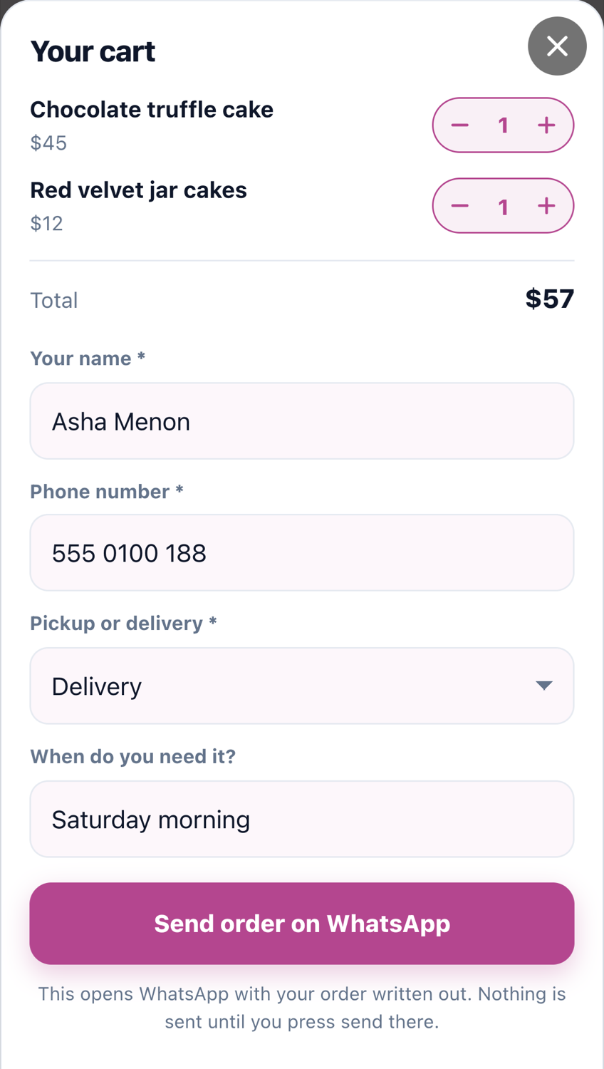 The cart: two items with counters, the total, four questions filled in, and a Send order on WhatsApp button